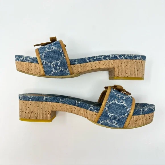 Gucci Vintage 90s Y2K Interlocking GG Logo Sandals Slides Heels Denim Blue 38 8 - Picture 5 of 11
